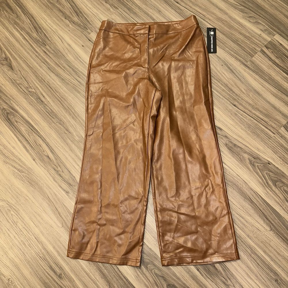 Bagatelle Womens Cognac Faux Leather Cropped Wide Leg Flare Pants Size M
